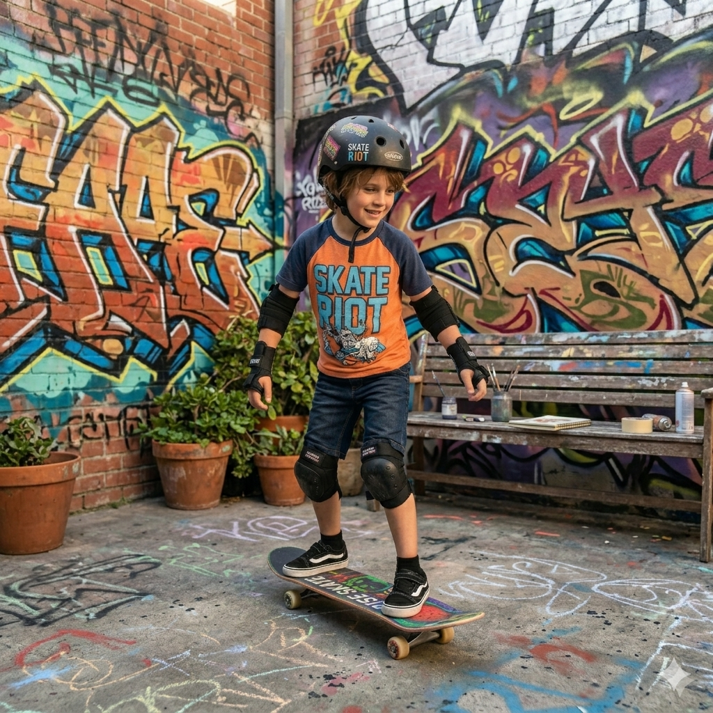 Criança praticando com um skate